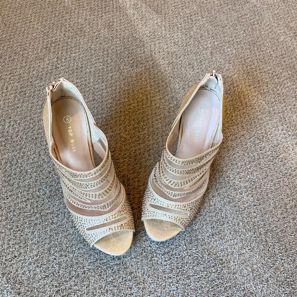 TOP Moda Beige Strappy Peep-Toe Heels with Mesh Detail